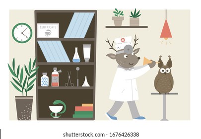 Vector hospital ward. Funny animal doctor checking patients ears in clinic office. Medical interior flat illustration for kids. Health care concept