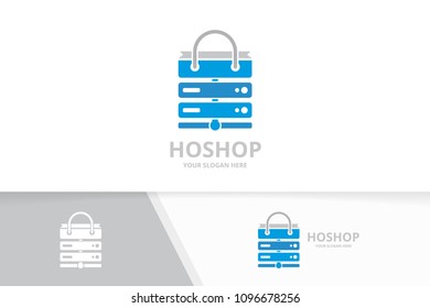 Vector host and shop logo combination. Server and sale symbol or icon. Unique data and market logotype design template.