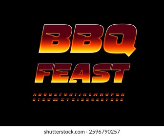 Vector Hot Advertisement BBQ Feast. Modern Flame Font. Fire Digital Alphabet Letters and Numbers set.