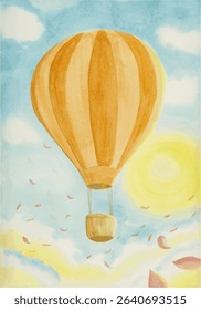 Vector Hot air ballon watercolor in blue sky with many pink rose petals