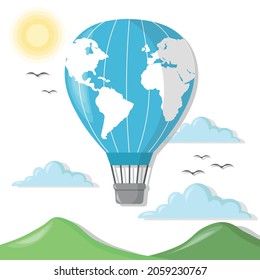 Vector Hot Air Balloon with Clouds and Birds Background. Daylight sun and clouds  with isolated hot air balloon symbolizing Earth Planet. Clean Environment Concept Flying Balloon. Vector Sky Landscape