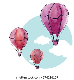 Vector Hot Air Balloon and Clouds. Beautiful greeting card