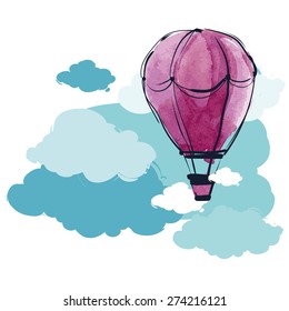 Vector Hot Air Balloon and Clouds.  Beautiful greeting card