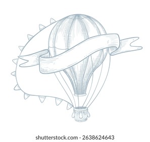 Vector hot air Balloon illustration with ribbon banner for text for baby shower invitations or newborn greeting cards. Linear drawing of aircraft for childish nursery design. Etching of aerostat.