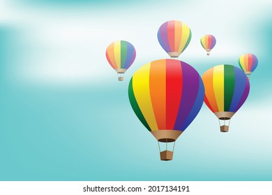 Vector hot air balloon on blue sky background Symbol color of LGBTQ group toy that is red orange yellow green blue and purple Many multicolored balloons float in bright sky