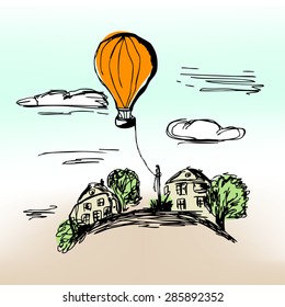 Vector hot air balloon in the sky over the trees and houses