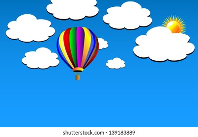 Vector hot air colorful balloon on blue sky and abstract clouds. Background.