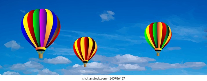 Vector hot air colorful balloon on blue sky with white clouds. Background.