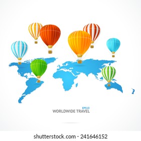 Vector hot air and modern world map. Travel concept