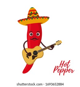 Vector hot chili pepper character - Mexican mariachi with guitar and sombrero. Cartoon flat style.
