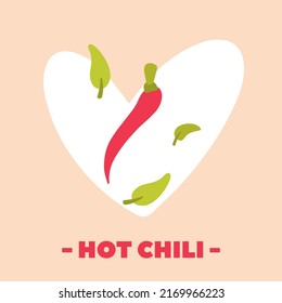 Vector Hot chili pepper with leaves on white heart shape banner design. Red pepper flat icon art with text.