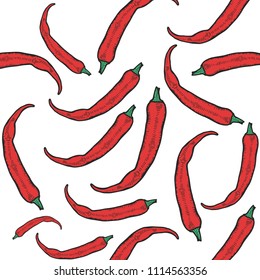 Vector hot chili peppers seamless pattern. Vintage engraving hand drawn illustration. Hot spicy mexican food.