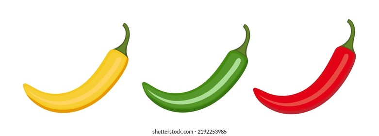 Vektorscharfe Chilis einzeln auf weißem Hintergrund. Rot, Gelb und Grün.