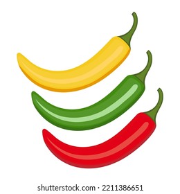 Vector hot chilies set isolated on a white background. Red, yellow and green.