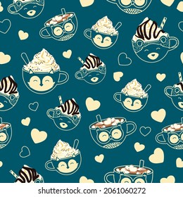 Vector Hot Chocolate Animal Mugs seamless pattern on Blue background. Perfect for fabric, scrapbooking, wallpaper projects