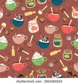 Vector Hot Chocolate Cups and Jars seamless pattern on reddish brown background. Perfect for fabric, scrapbooking, wallpaper projects