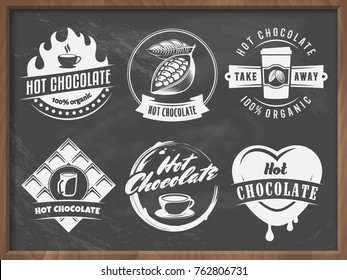 Vector hot chocolate logos. Cacao drink badges. Set of vintage stickers for cafe, bar or restaurant on the retro chalkboard background