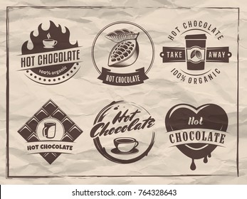 Vector hot chocolate logos. Cacao drink badges. Set of retro stickers for cafe, bar or restaurant on vintage paper background