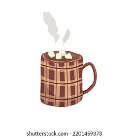 Vector hot chocolate with marshmallows in checkered red mug hand drawn illustration on white background, hot coffee holiday drink in striped cup with steam, flannel design jar with warm mocha  