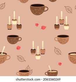 Vector Hot Chocolate and Chocolate Spoons seamless pattern on warm medium brown background. Perfect for fabric, scrapbooking, wallpaper projects