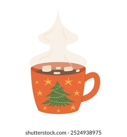 Vector hot cocoa with marshmallow in cup. Winter drink in Christmas mug with steam in a shape of Christmas tree, flat style illustration isolated on white background