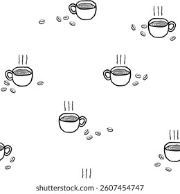 Vector hot coffe with bean engraving seamless pattern on white background. Vintage hand drawn, Illustration for menu or printing
