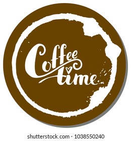 vector hot coffee hot coffee. Black text instead of a dot over the w heart on a brown background in a round spot from the coffee cup. Handwritten calligraphy. Round sticker