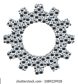 Vector hot coffee cup icons are organized into cogwheel composition. Engineering design concept constructed of hot coffee cup icons.