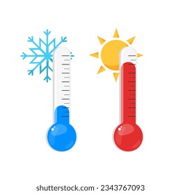 Vector hot and cold temperature thermometers with sun and snow symbols. Celsius and Fahrenheit. Vector illustration in flat style.