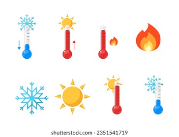 Vector hot and cold temperature thermometers with sun and snow, up and down symbols. Celsius and Fahrenheit. Vector illustration in flat style.