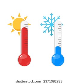 Vector hot and cold temperature thermometers with sun and snow symbols. Vector illustration in flat style.	
