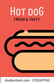 Vector hot dog background poster. Line street fastfood icon illustration. Flat american hotdog banner concept. Modern street food flyer design for bar, cafe, stall, delivery, festival, market, party