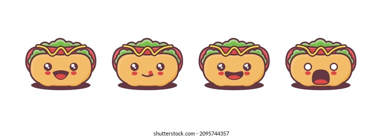 vector hot dog cartoon mascot, with different facial expressions. suitable for icons, logos, prints, stickers, etc.