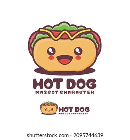 vector hot dog cartoon mascot, with a happy expression, suitable for, logos, prints, stickers, etc, isolated on a white background.