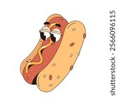 Vector hot dog character with face and eyes. Cartoon hotdog with mustard in pop art style. Print for menu or banner with bun and sausage. Fast and junk food character for comic book. Eat and snack.