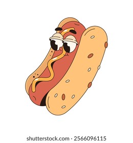 Vector hot dog character with face and eyes. Cartoon hotdog with mustard in pop art style. Print for menu or banner with bun and sausage. Fast and junk food character for comic book. Eat and snack.