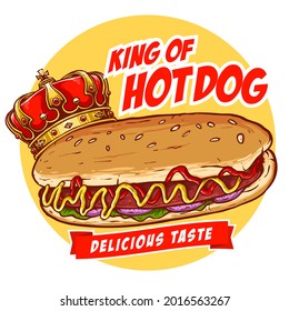 vector of hot dog with crown for junk food street food culinary logo