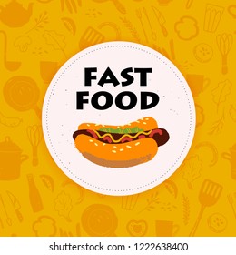 Vector hot dog and fast food cafe/restaurant/bar logo design on seamless green background. Hand drawn sketch style. Good for menu cover, packaging design, banners, stickers, posters, special offer etc