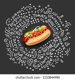 Vector Hot Dog, Isolated Icon on black background. Classic Symbol of Fast Food for Street Lunch. Colorful Appetizing Hot Dog with Sausage, Mustard and Vegetables with doodle decor elements