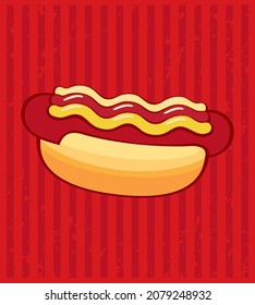 vector hot dog with ketchup mustard and mayonnaise. Red and yellow. cartoon style