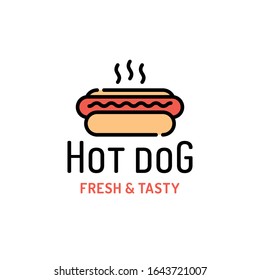 Vector hot dog logo template. Line street fast food label illustration. Flat american hotdog logotype background. Fresh and tasty concept for cafe, stall, delivery, restaurant