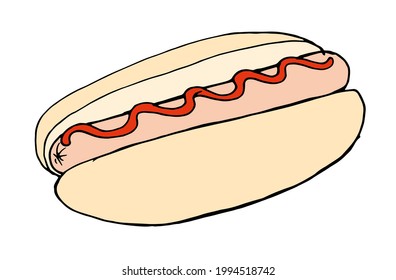 Vector hot dog in natural colors with red ketchup. hand-drawn sketch-style street fast food HOT DOG with sausage roll and red sauce on white background for design template, for labels, menus, signage