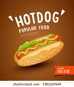 Vector Hot dog promotion poster design on brown background, illustration