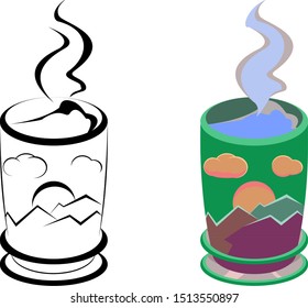 Vector of a hot drink in a cup with a landscape desing, in black and color
