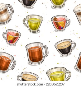 Vector Hot Drinks seamless pattern, square repeating background with cut out illustrations of group different hot coffee and cold tea drinks in clear glass cups on white background for wrapping paper