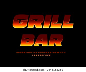 Vector hot emblem Grill Bar. Creative Fire Font. Unique Alphabet Letters and Numbers.