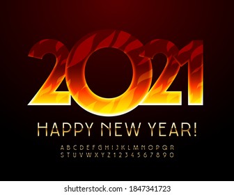 Vector hot flaming greeting card Happy New Year 2021! Elite Gold Font. Shiny Luxury Alphabet Letters and Numbers set