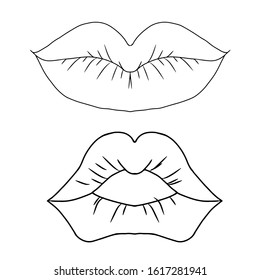 Vector hot lips  with black outline. Beauty and fashion design element