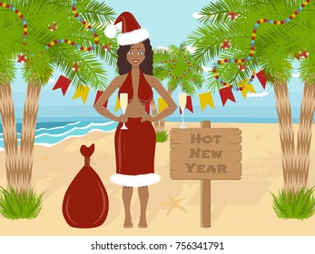 Vector hot new year card with dark-skinned girl in santa costume on the summer decorated beach.