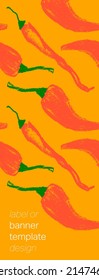 Pancarta de pimienta caliente vectorial. Patrón dibujado a mano. Ilustración de pimientos. Dibujos de pimienta. Fondo de chile rojo. Verduras orgánicas caseras. Papel tapiz de comida vegana. Fondo de especias. Restaurante vegetariano.